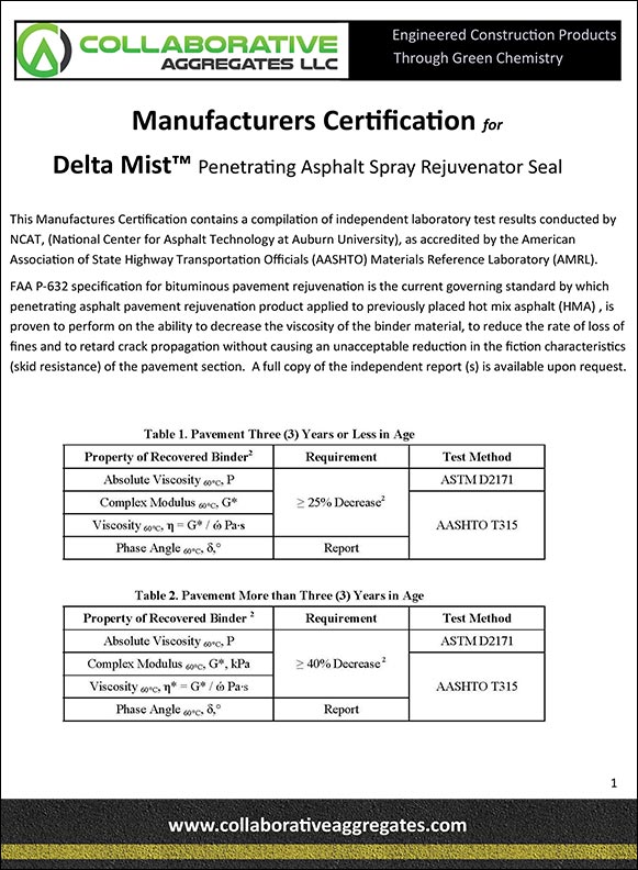 Manufacturers Certification for Delta Mist™ Penetrating Asphalt Spray Rejuvenator Seal
